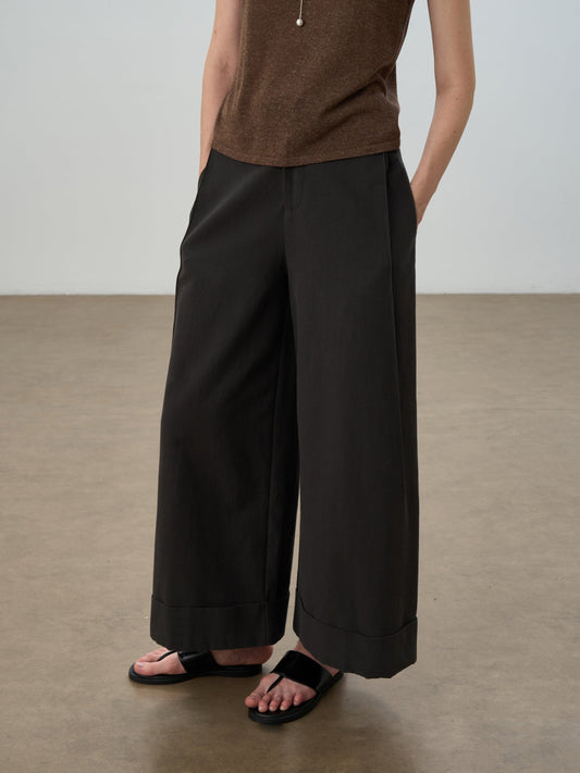 Rolled Hem Wide-Leg Pants for Elongated Elegance