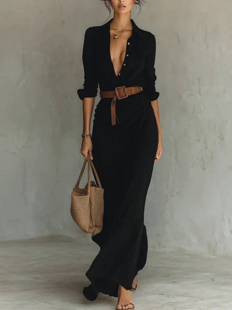 SARAH TAILOR | LAPEL-WRAP MAXI DRESS