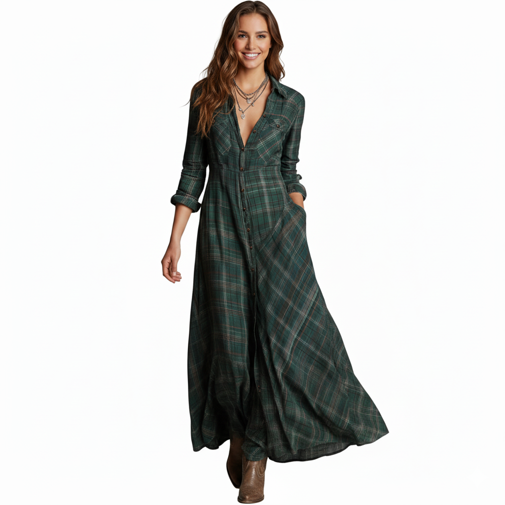 SAGE - PLAID MAXI SHIRT DRESS IN BOHO STYLE